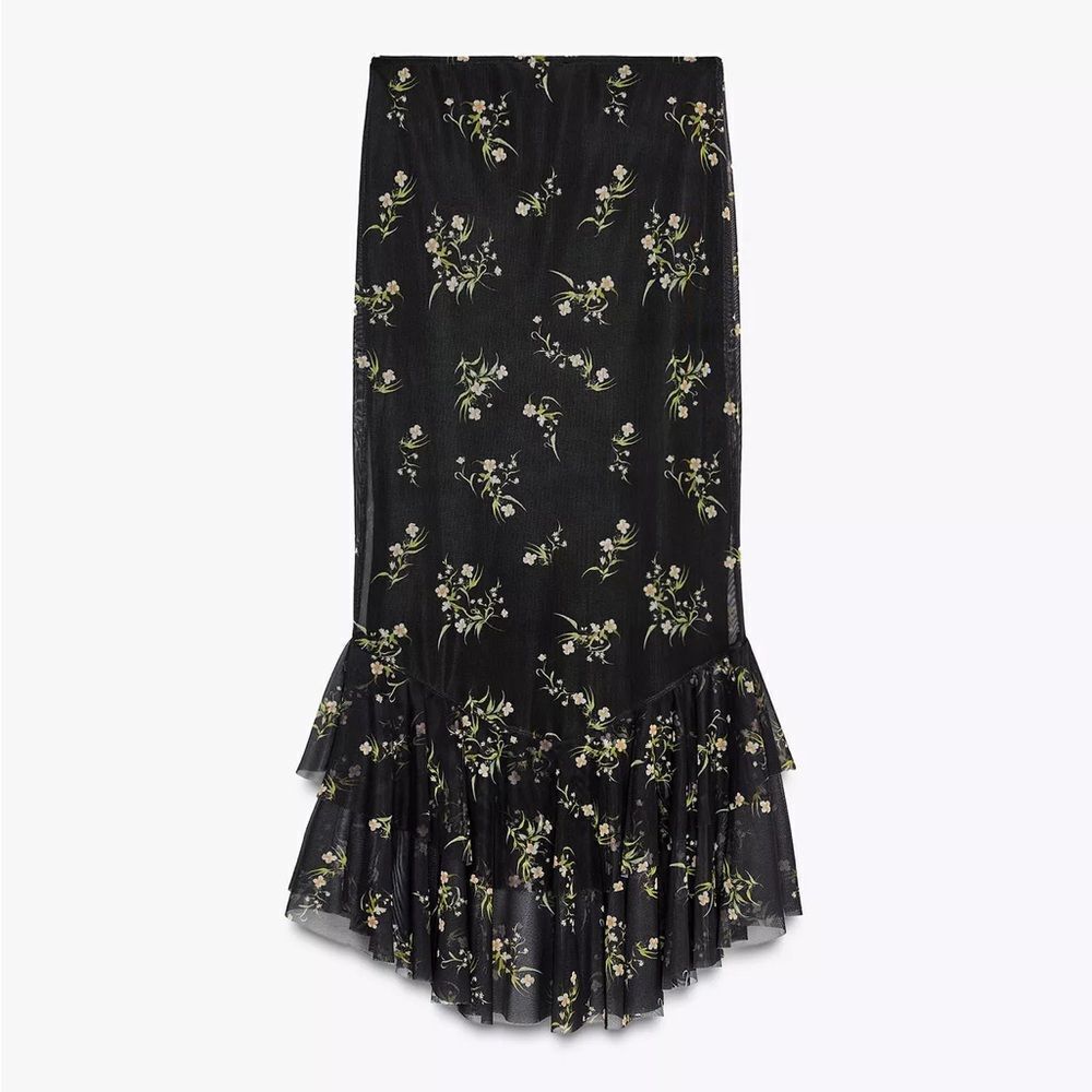 ZARA PRINTED TULLE RUFFLE SKIRT - Picture 8 of 9